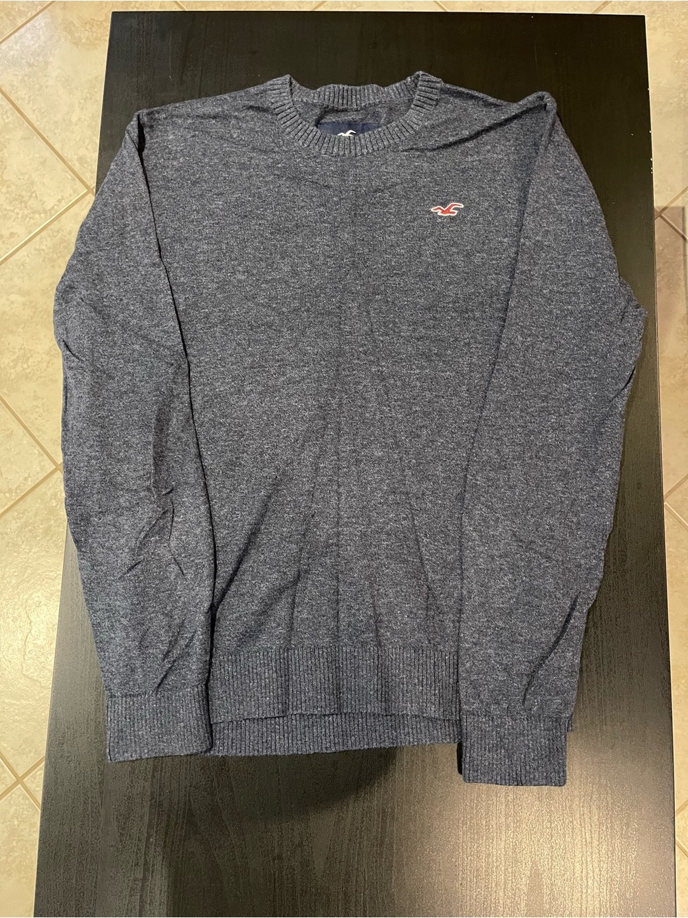 Hollister Men's Crewneck Sweater - Dark Heather Blue with Red Logo